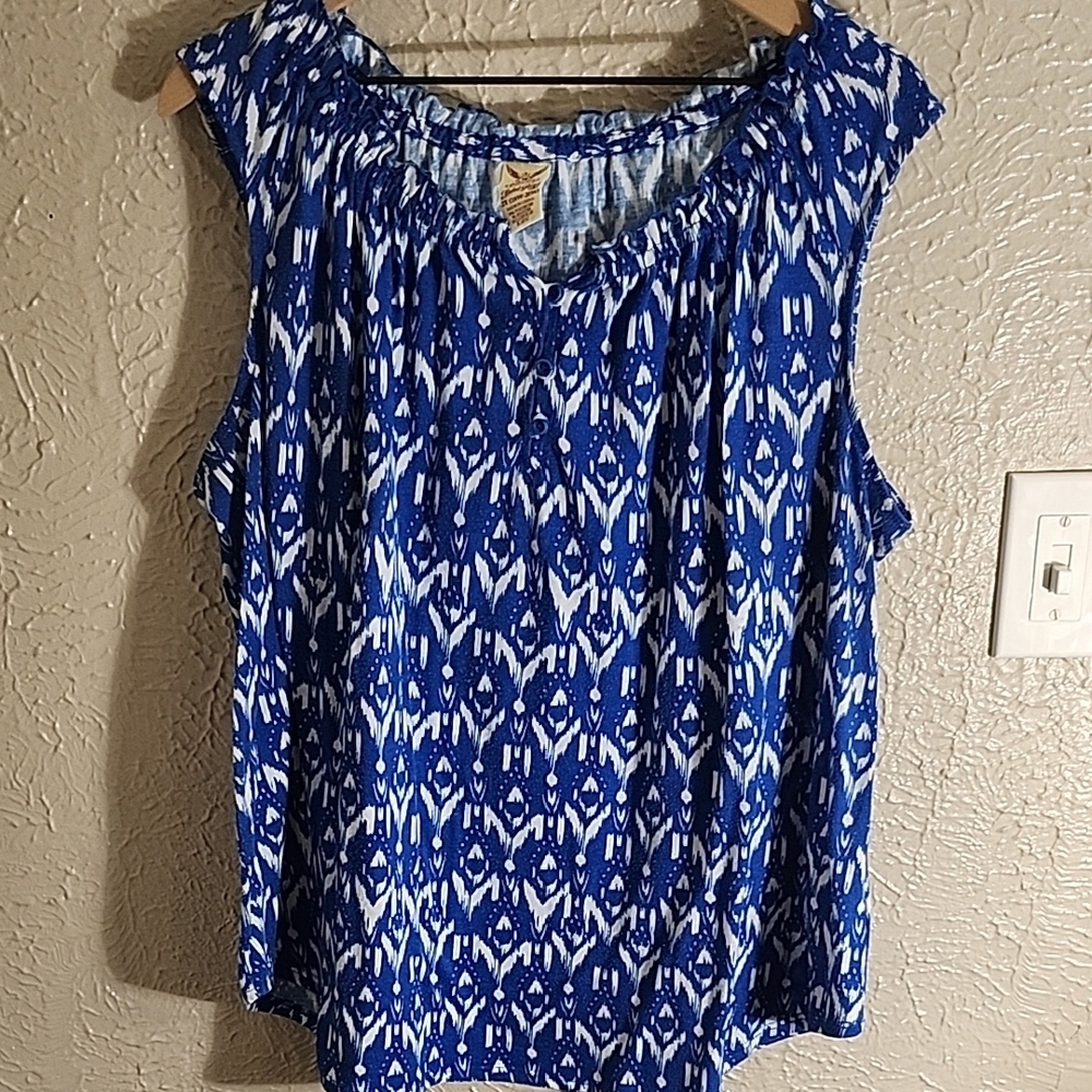 Faded Glory Blue and White Smocked Sleeveless Blouse